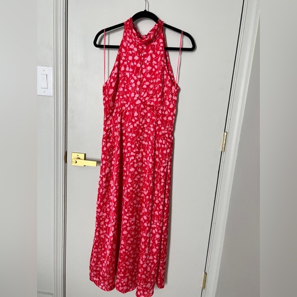 Zara Red Floral Satin Effect Halter Neck Tie Back midi dress - Picture 3 of 11